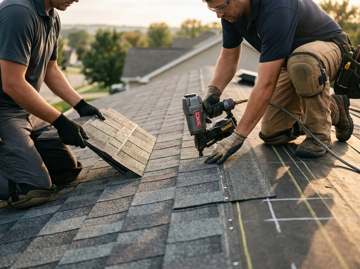 Professional roofer working on a residential roof in Branson
